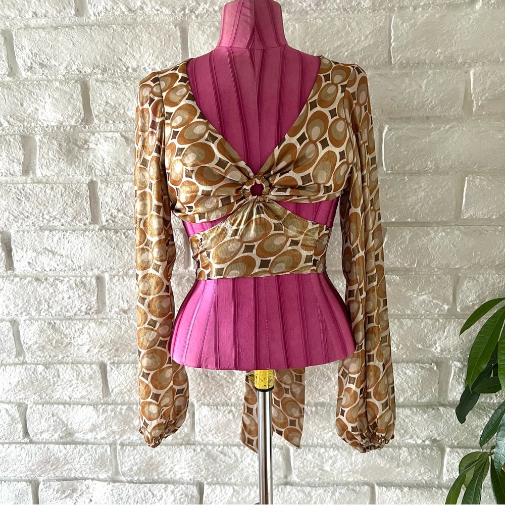 Urban Outfitters Brown and Cream Geometric Tie-Front Blouse